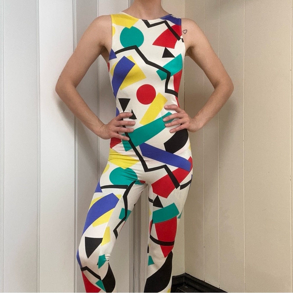 Vintage 90s Stretchy Bright Quirky Graphic Geometric Multicolor Jumpsuit - Picture 2 of 12
